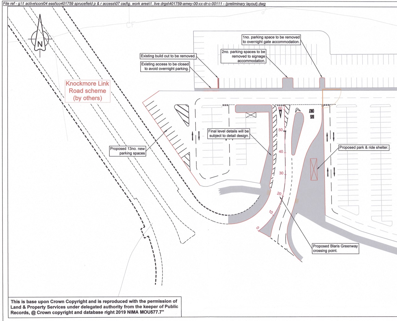 Drawing of proposed new arrangement with
an entrance on the north side of the
roundabout and a new road heading to the NW
from the roundabout.