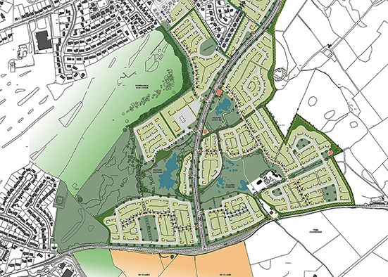 Map showing Ballyhornan Road running left
                          right and above it various areas coloured to
                          show new homes and a new road traversing the
                          site up towards the top of the image.