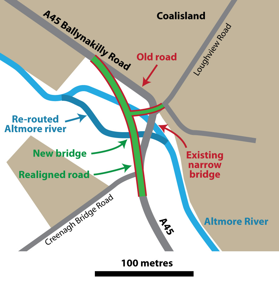 Roads essentially form a cross shape with
the river flowing close to the crossing point.
A line runs from the road to the south of the
cross to the left of the cross, curving past
the original cross.